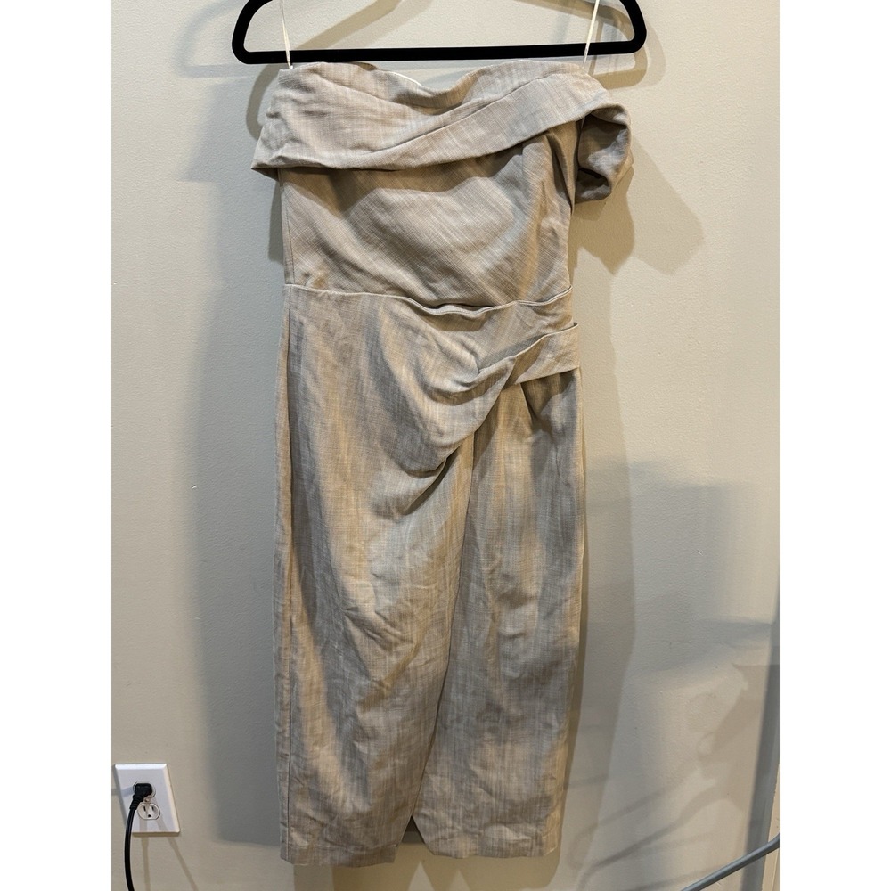Zara Asymmetric Pencil Dress Slip Midi Camel Taupe Beige Size XS Linen Feel - Picture 5 of 14